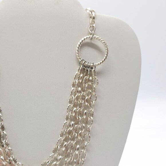 Multi Layer Silver Tone Statement Necklace With Chain Links Textured Leaf Charms - Picture 5 of 7
